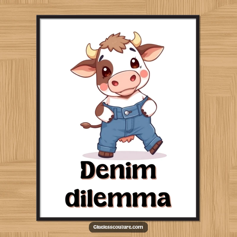 Funny digital art print showing a bewildered cow in a comical struggle to put on skinny jeans, a humorous and downloadable wall art piece.