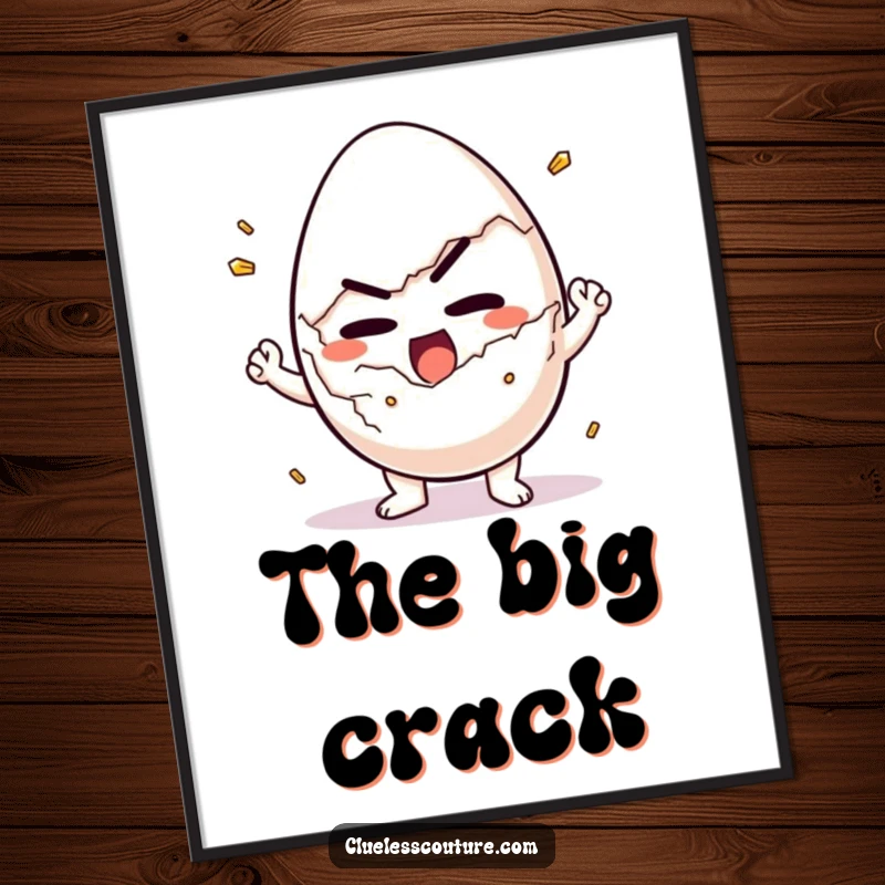 Funny digital art print of a determined egg character struggling to crack itself open, conveying effort and humor.