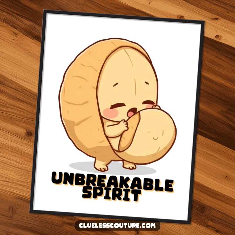 Funny digital art print of a determined peanut heroically trying to crack a surprisingly large nut.