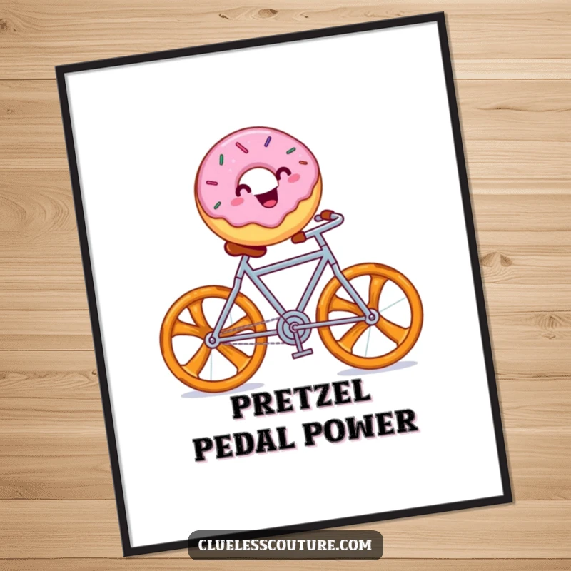 Funny digital art print of a cheerful donut with sprinkles riding a pretzel bicycle, whimsical digital decor.