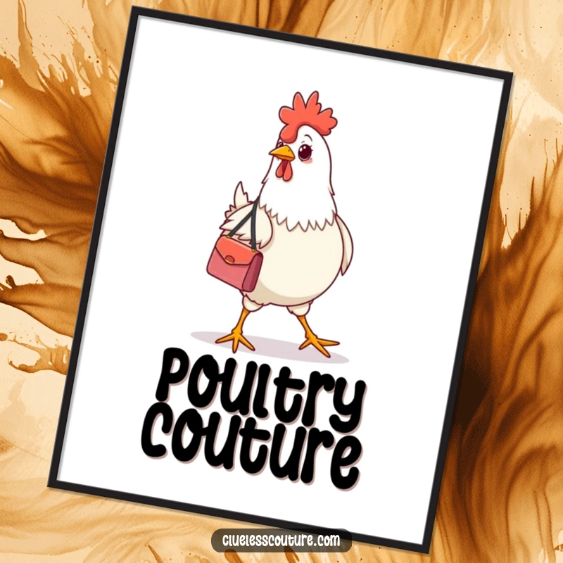 Funny chicken wearing a tiny designer handbag, strutting confidently, a digital art print for instant chic.