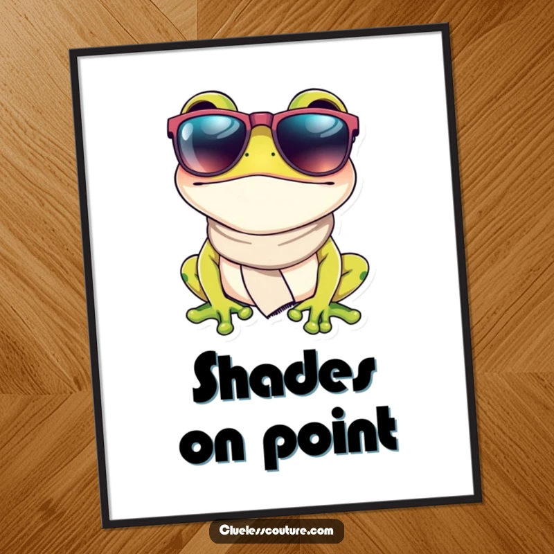 Funny digital art print of a fashionable frog wearing oversized sunglasses and a small scarf, exuding cool vibes, a humorous and downloadable artwork.