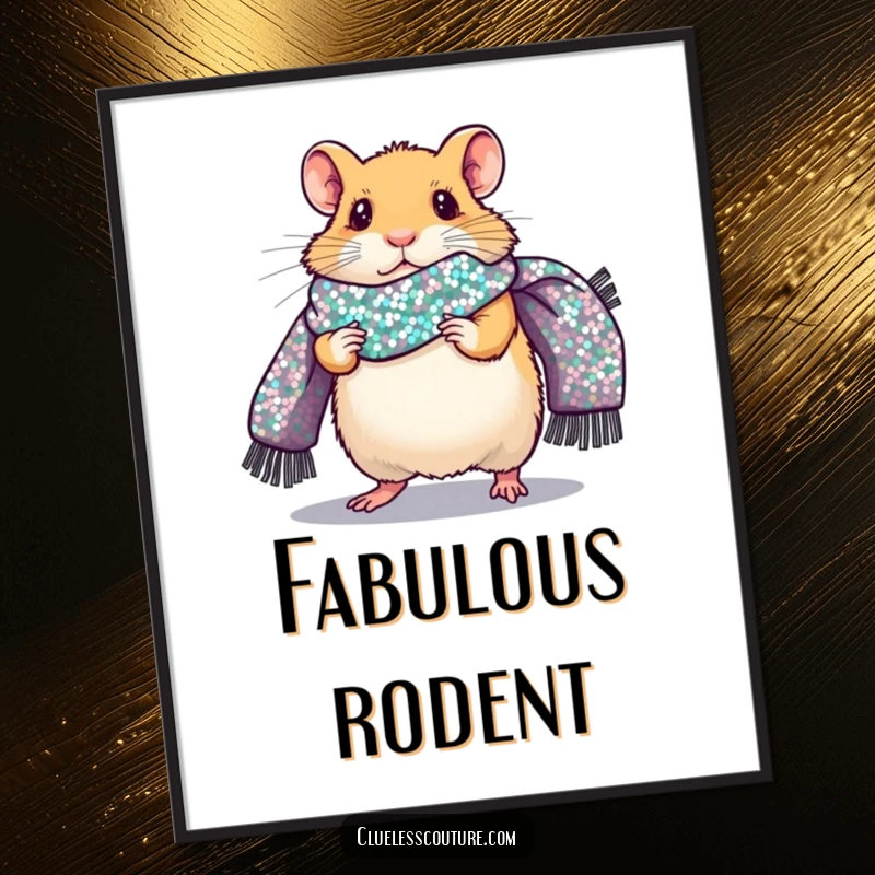 Funny digital art print of a nervous hamster confidently walking a fashion runway, wearing a giant sequined scarf, a humorous and downloadable artwork.