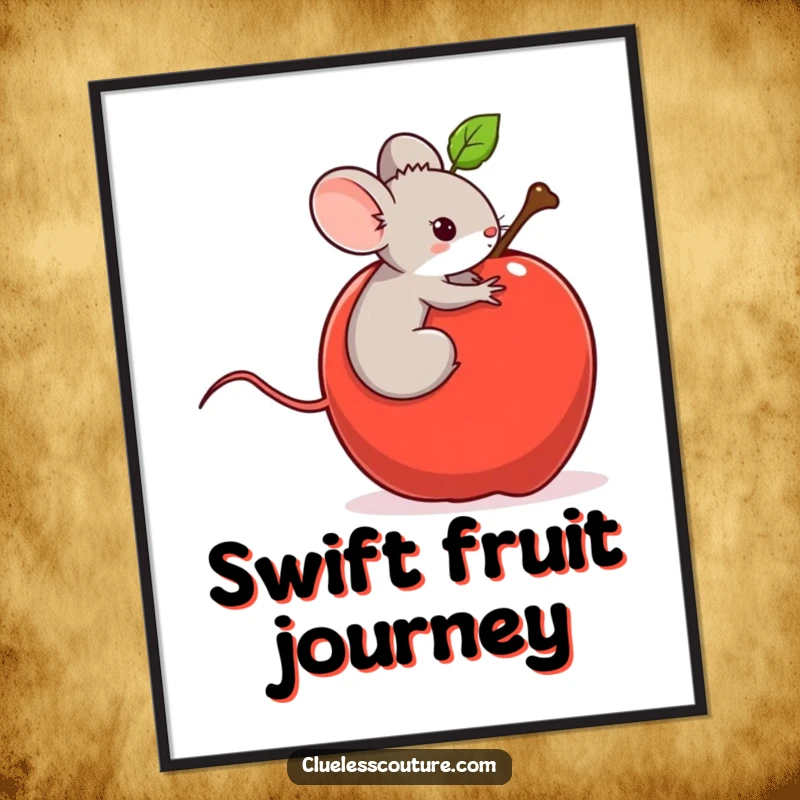 Funny digital art print showing a tiny mouse on a runaway rolling apple, capturing a moment of accidental, hilarious adventure.