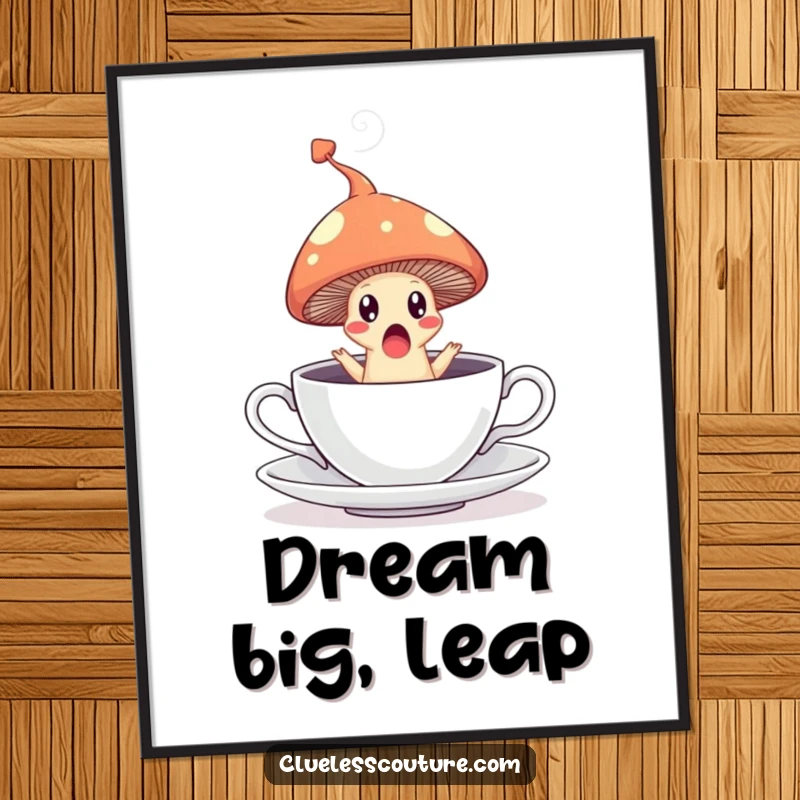 Funny digital art print of a surprised mushroom leaping from a teacup, leaving a steam trail, instant decor and magic.