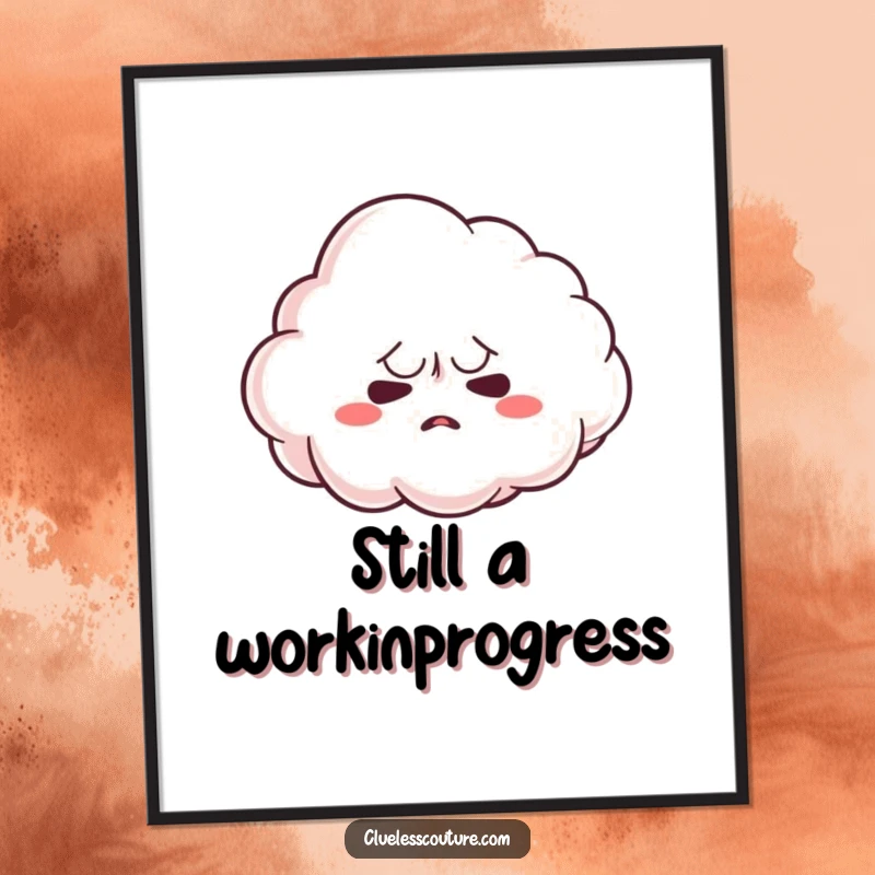 Funny digital art print of a nervous cloud trying to form a shape, ideal for instant download and calming decor, a funny gift.