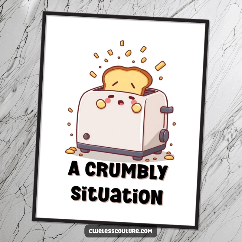 Funny digital art print of a nervous toast popping out of a chaotic toaster with flying crumbs, offering a humorous breakfast visual for immediate download.