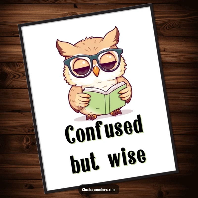 Funny owl digital art print of a confused owl wearing glasses, trying to read a tiny book, ideal for instant download.