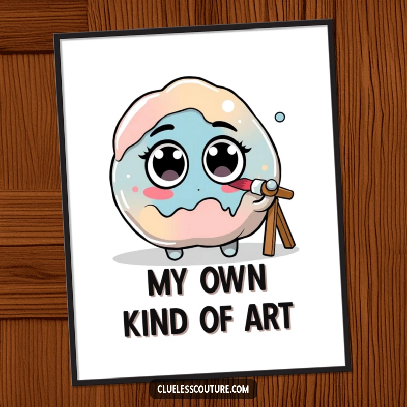 Funny digital art of a paint blob with googly eyes hilariously attempting to paint itself, a whimsical and artistic piece.