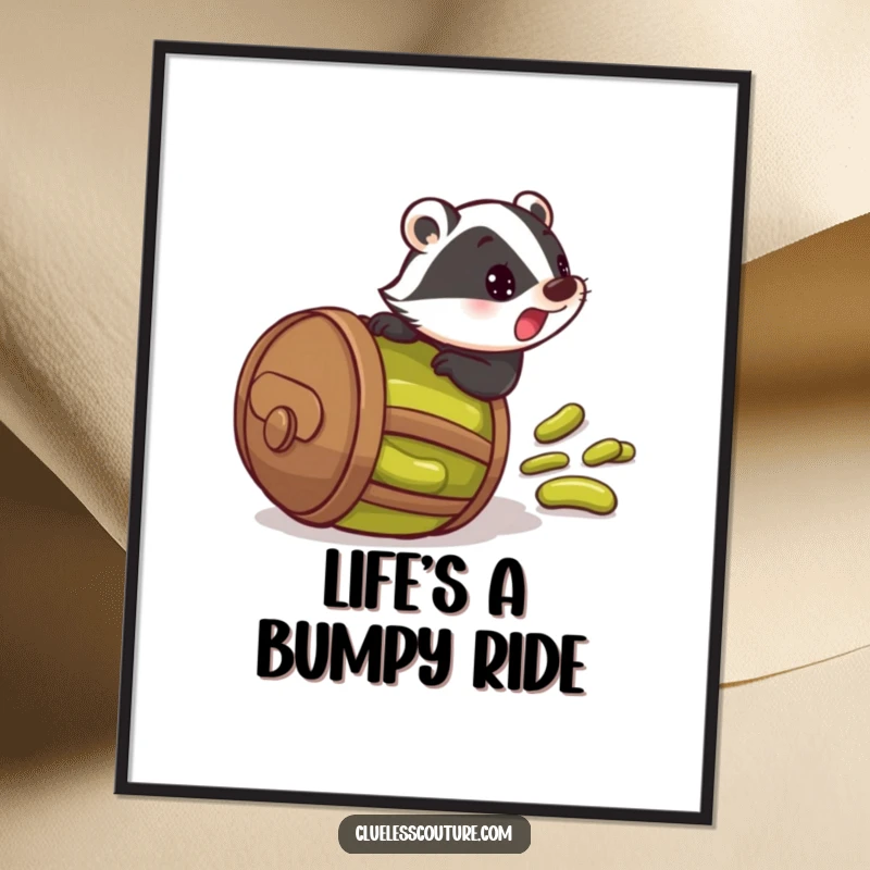 Funny digital art print of a startled badger rolling downhill in a barrel of pickles, instant decor and humor.
