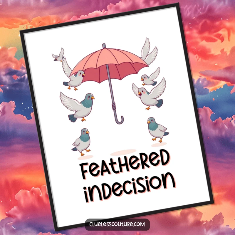 Funny surprised pigeons attempting to fly in opposite directions from a single, tiny umbrella, a humorous digital artwork download for instant decor.