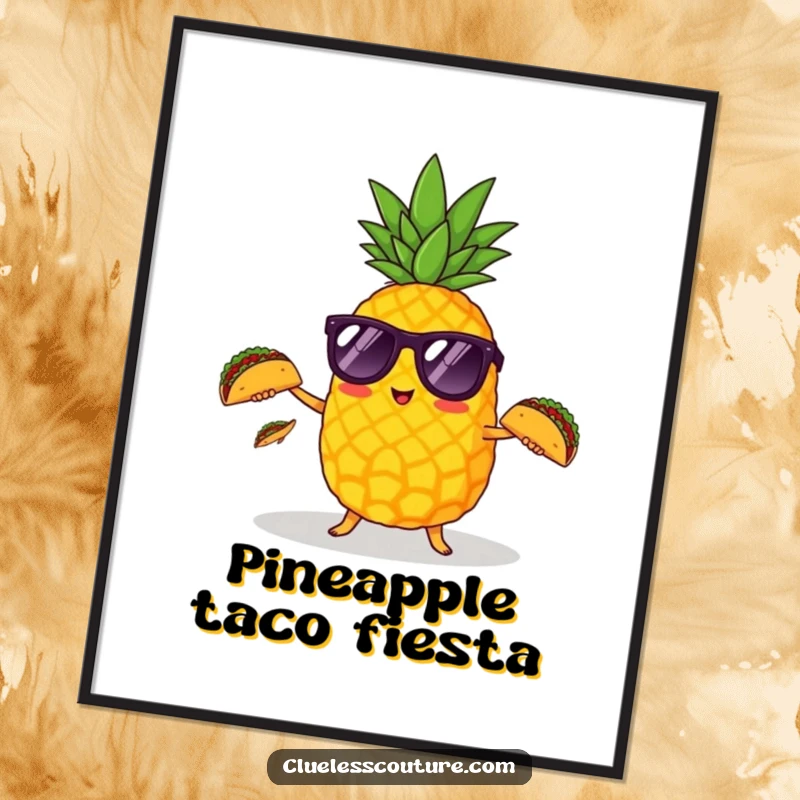 Funny pineapple wearing sunglasses juggling three small tacos, vibrant digital art print for festive decor.