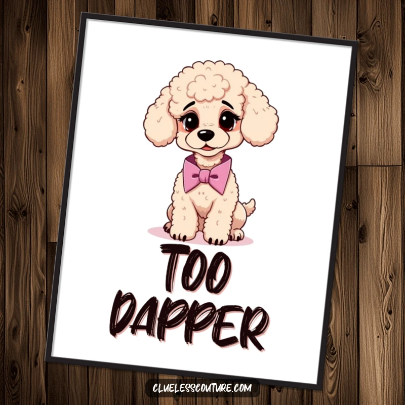 Funny digital art print of a confused poodle attempting to tie a cravat, for humorous and sophisticated wall decor.