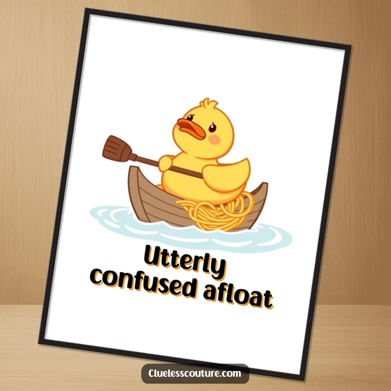 Funny confused rubber duck character trying to paddle a boat made of spaghetti, digital artwork for instant download.