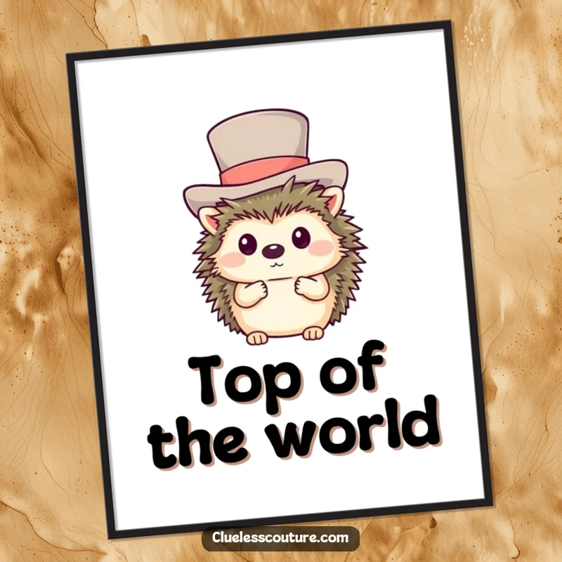 Funny digital art print of a shy hedgehog hilariously trying to wear a comically oversized top hat.