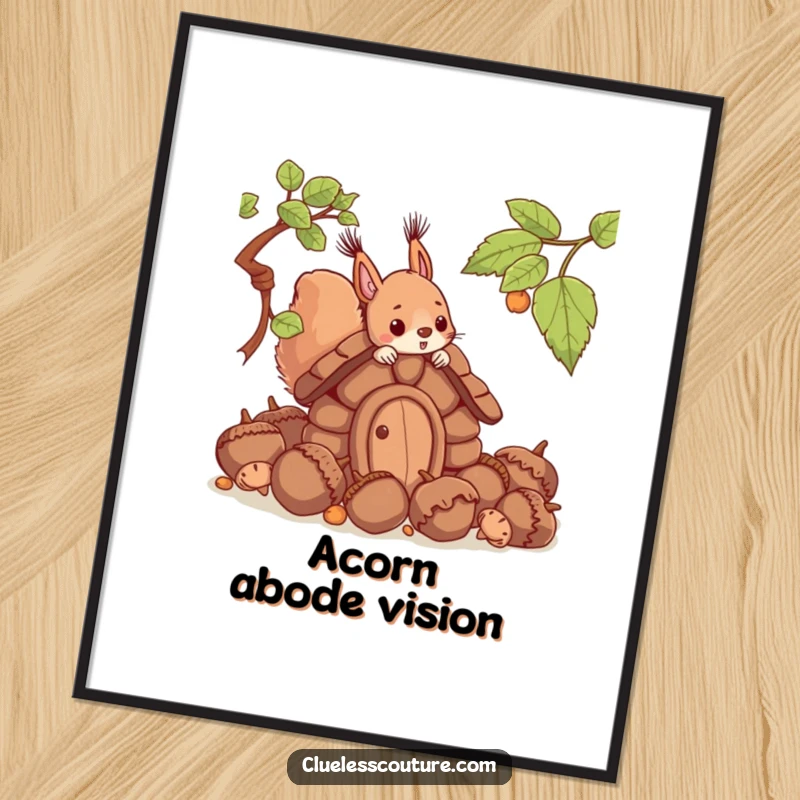 Funny digital art print of a squirrel humorously building a house with oversized acorns, ready to be printed and displayed.