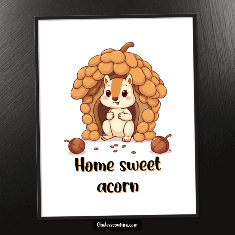 Funny squirrel comically attempts to build a house using oversized acorns, on a digital art print, ideal for a funny gift.