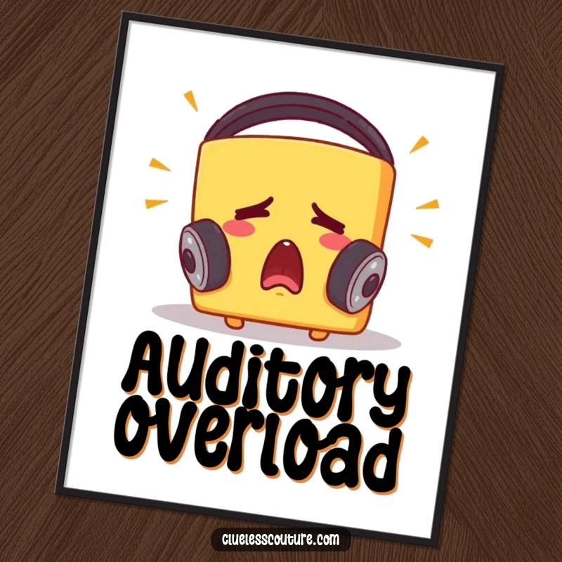 Funny digital art print of a startled cheese block with big headphones, eyes wide, head tilted, reacting to loud music with hilarious energy.