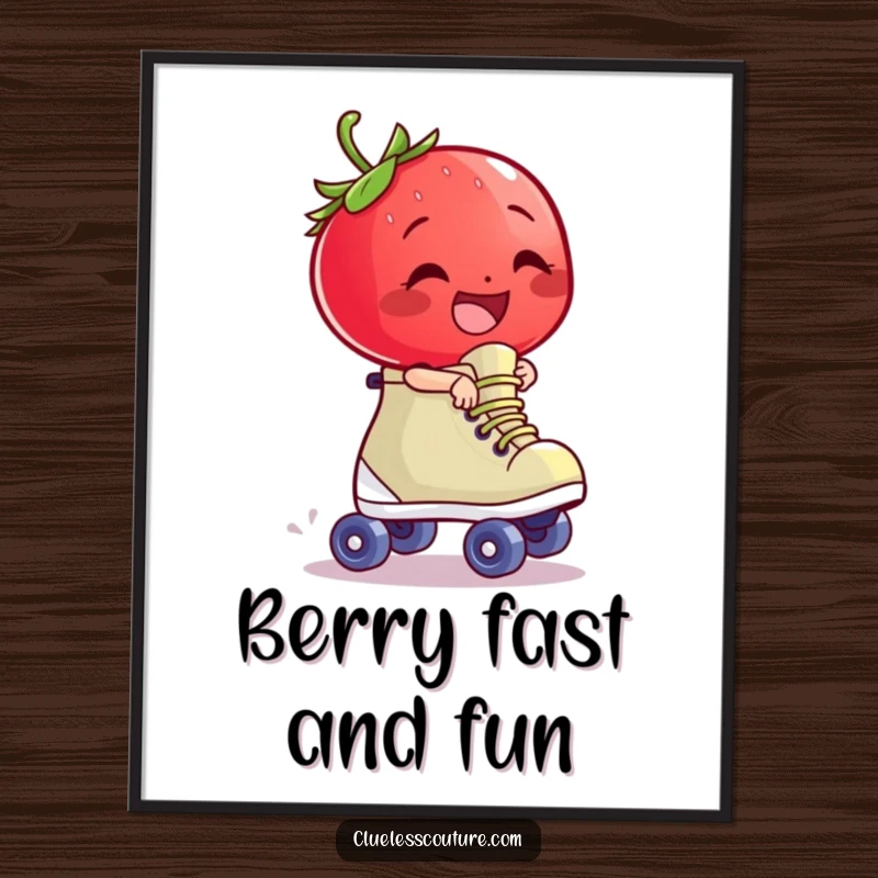 Funny giggling strawberry character riding a runaway roller skate, a humorous digital illustration for download.
