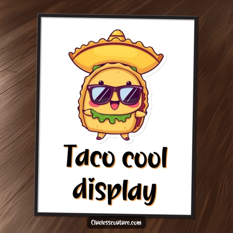 Funny digital art print of a proud anthropomorphic taco character wearing a tiny sombrero and sunglasses, offering instant festive decor.