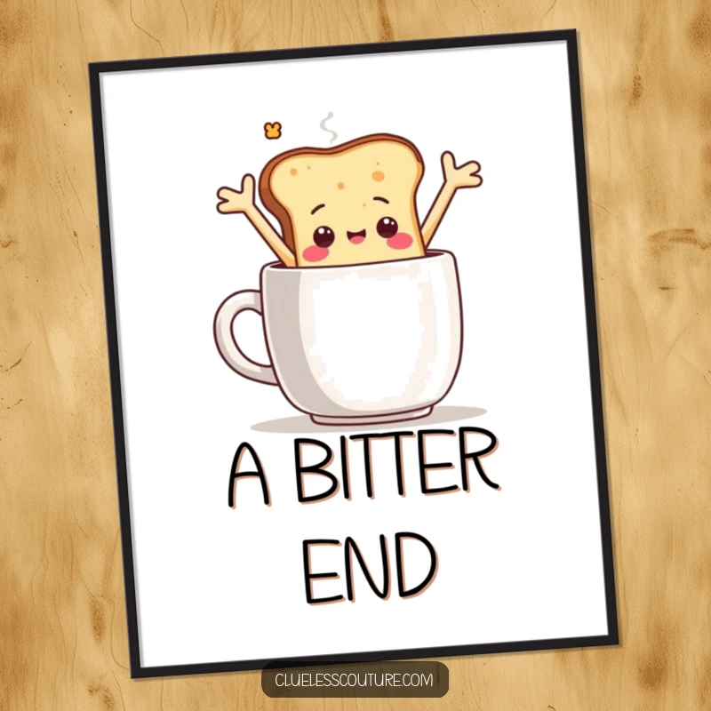 Funny digital art print of a sentient toast slice character comically falling into a large coffee mug, arms flailing, a humorous downloadable.