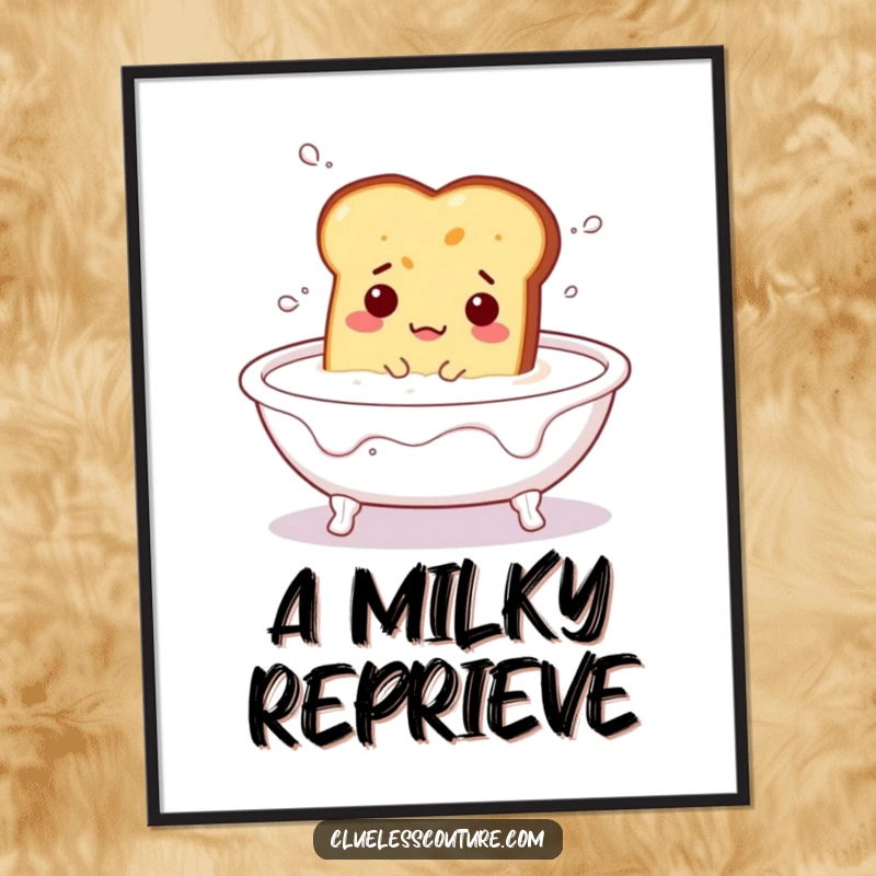 Funny digital art print showing a bewildered piece of toast floating in a milk bath, capturing a moment of absurd, hilarious breakfast.