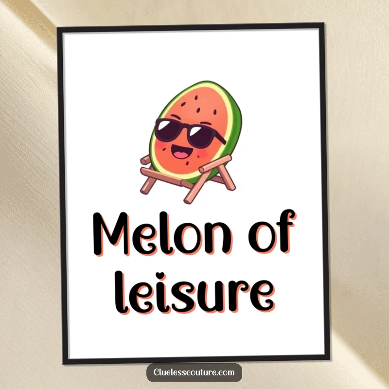 Funny digital art print showing a laughing watermelon slice wearing sunglasses on a tiny beach chair, capturing a moment of pure summer bliss.