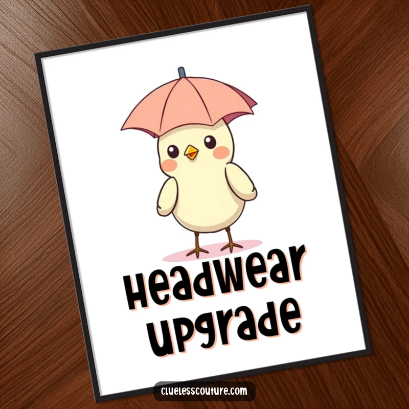 Funny digital art print of a bird wearing a tiny umbrella as a hat, cheerfully sitting under the sun.