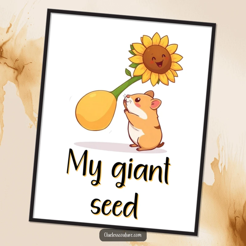 Funny hamster digital art print showing a hamster attempting to lift a gigantic sunflower seed, ideal for motivational wall decor.