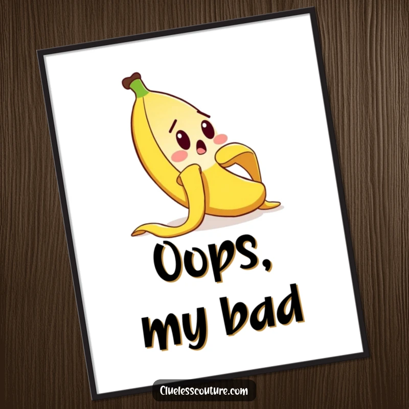 Funny digital art print of a surprised banana peel comically slipping, ideal for instant download and wall decor, a funny gift.