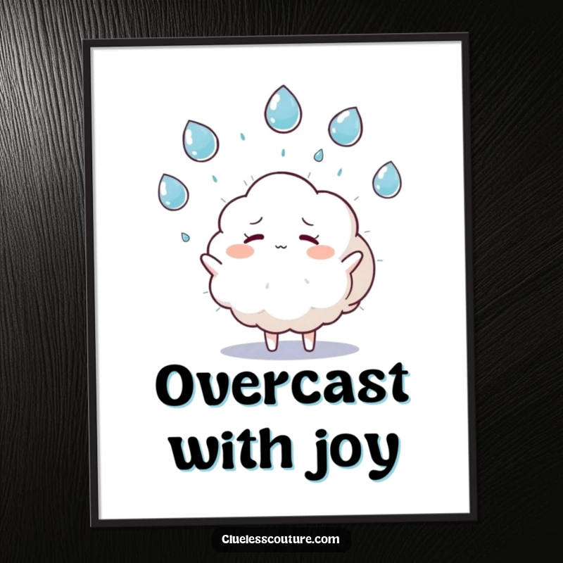 Funny digital art print of a fluffy cloud character humorously juggling raindrops and looking overwhelmed, a whimsical and humorous downloadable.