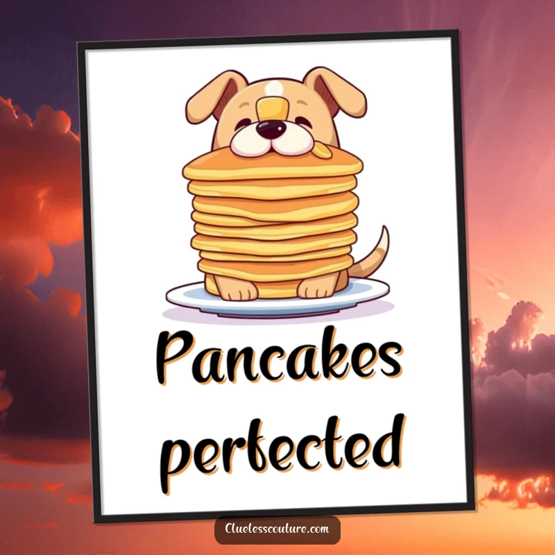 Funny digital art print of a dog with extreme focus, trying to balance a stack of pancakes on its nose.