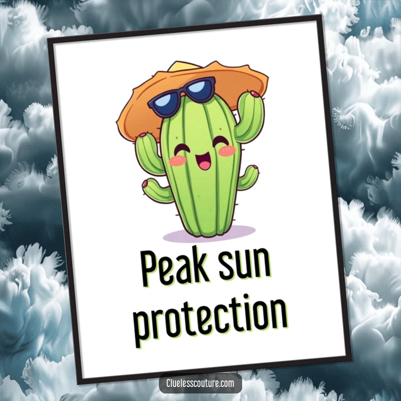 Funny digital art print of a cheerful cactus character wearing an absurdly large and stylish sun hat.