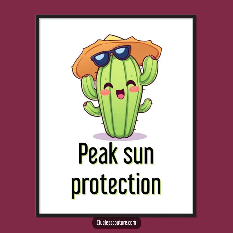 Funny Cactus Sun Hat Digital Print: Cheerful Desert Character Art for Walls