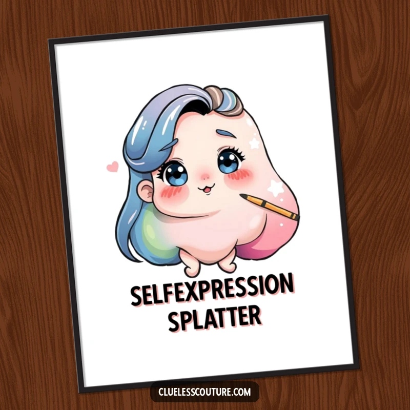 Funny digital art print of a playful blob of paint comically attempting to paint its own self-portrait, quirky wall art.