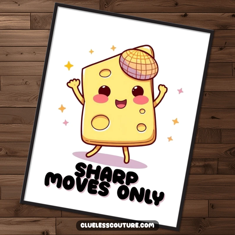 Funny digital art print of a slice of cheese dancing joyfully under a tiny, sparkling disco ball.