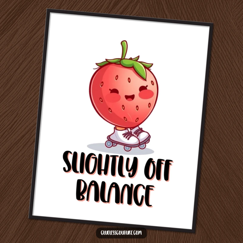 Funny digital art of a blushing strawberry wearing tiny roller skates and wobbling uncontrollably, offering instant humorous wall decor.