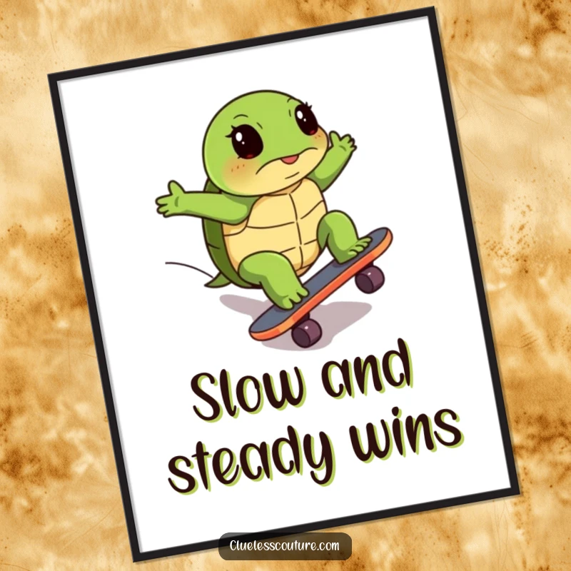 Funny digital art print of a turtle's comical, determined effort skateboarding uphill, ready to be printed and displayed.