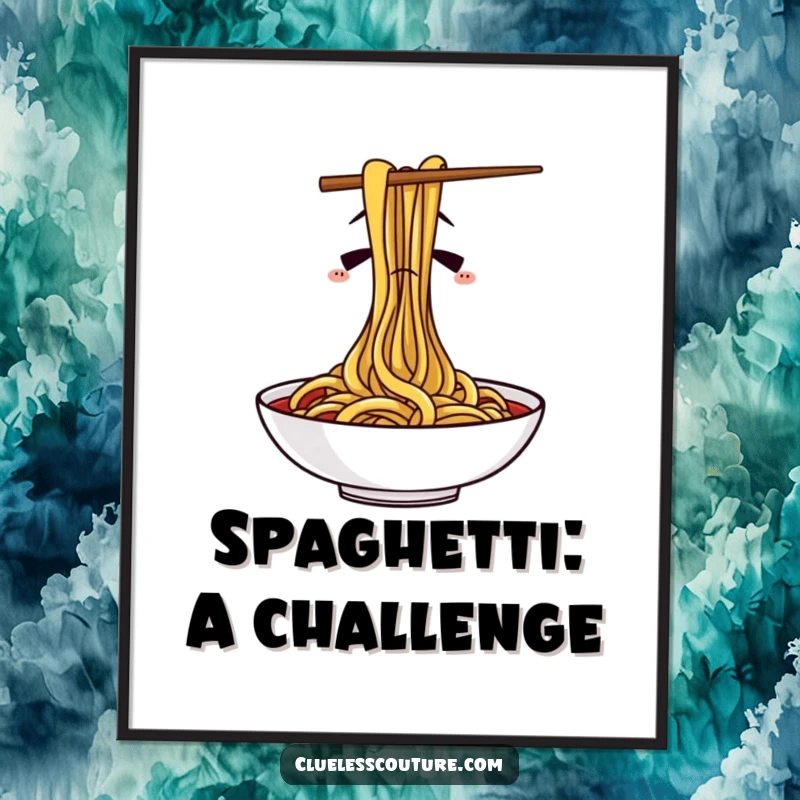 Funny digital art print depicting confused chopsticks struggling with spaghetti, offering instant humor for digital displays or wall art.