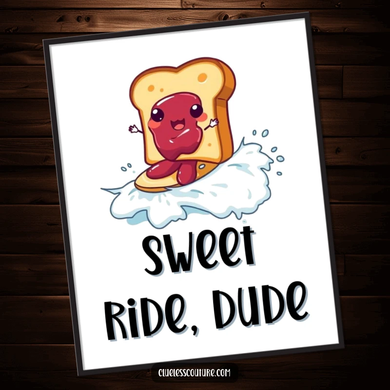 Funny digital art print of a piece of toast surfing on a wave of jam, instant decor and breakfast humor.