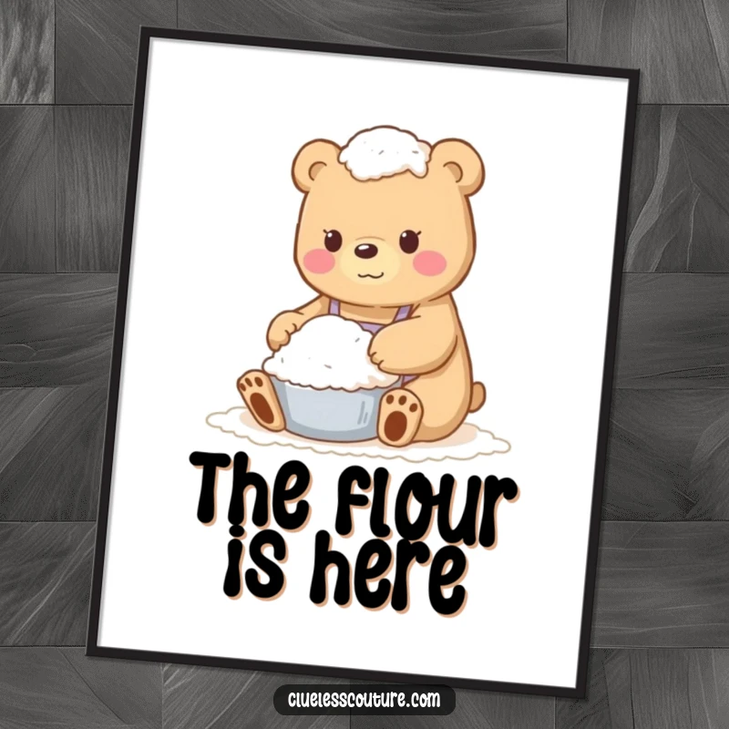 Funny digital art print of a bear utterly coated in flour, a humorous baking-themed illustration for instant decor.
