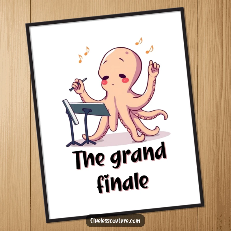 Funny digital art print of a confused octopus comically conducting a symphony with its many arms, ideal for music lovers.