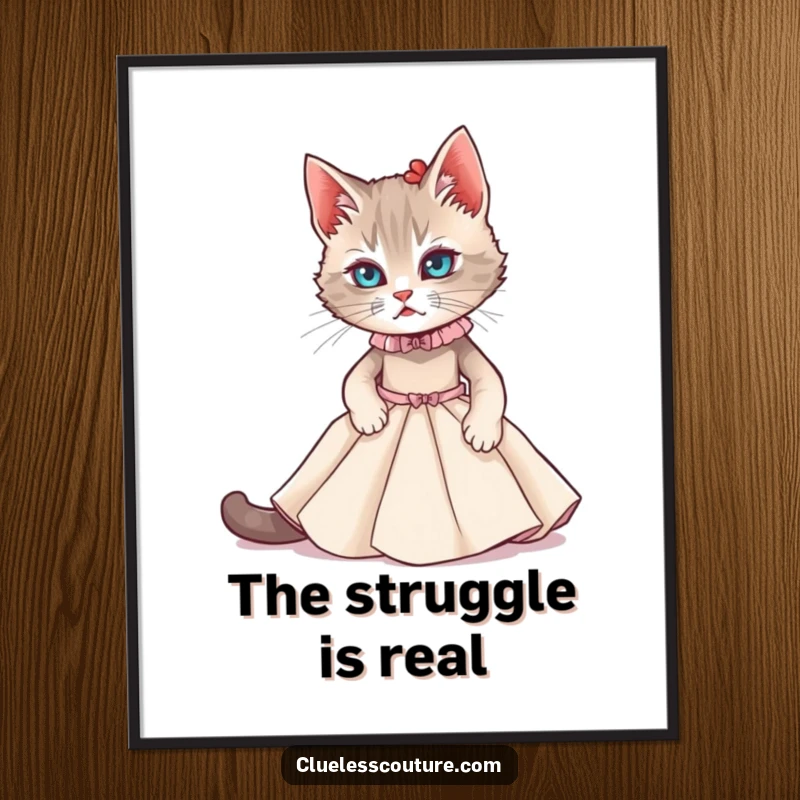 Funny digital art print of a cat struggling to fit into a miniature couture gown, for humorous and stylish wall decor.