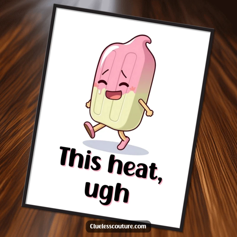 Funny digital art print of a popsicle character melting dramatically while trying to walk, conveying humorous motion and emotion.