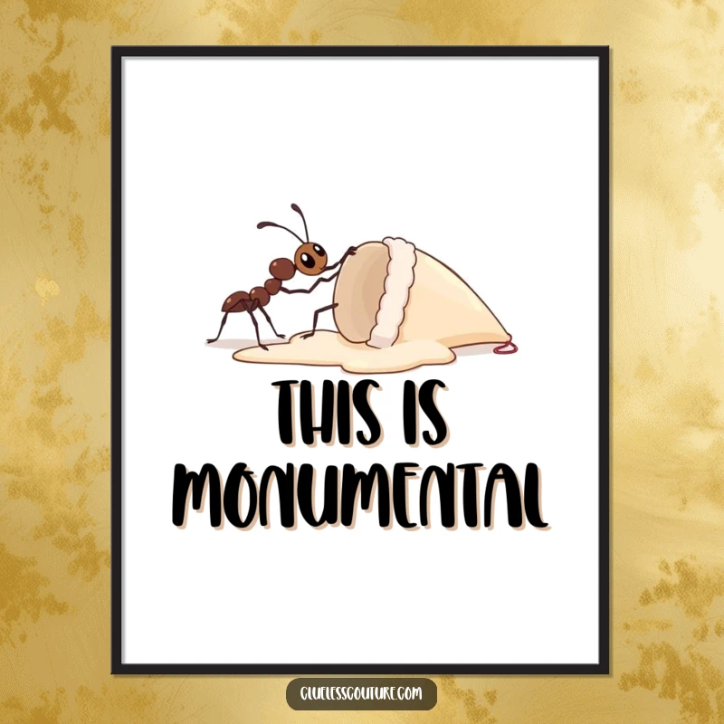 Funny digital art print of a curious ant attempting to lift a gigantic dropped ice cream cone, a humorous depiction of monumental effort.