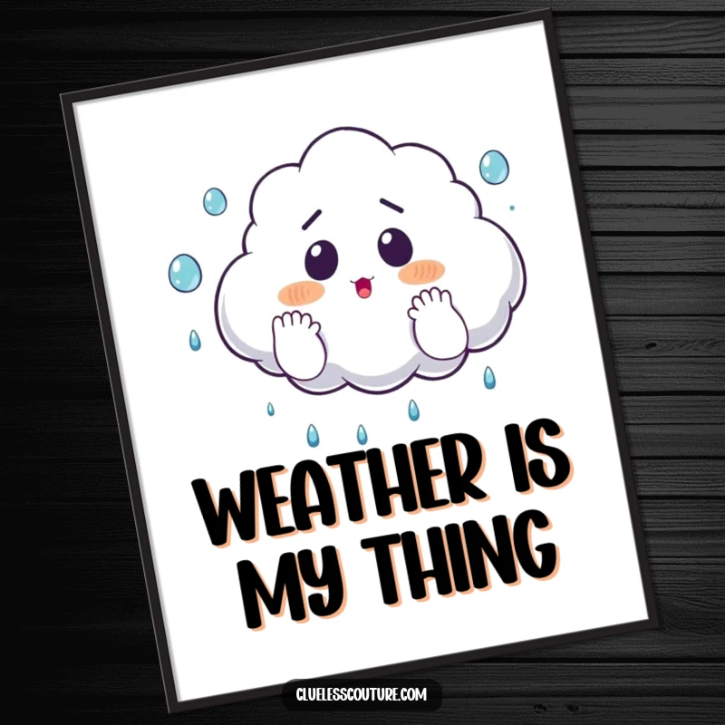 Funny digital art of a surprised cloud comically juggling raindrops with its hands, offering instant humorous wall decor.