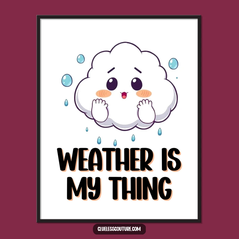 Funny Surprised Cloud Juggling Raindrops Digital Art, Instant Sky Decor