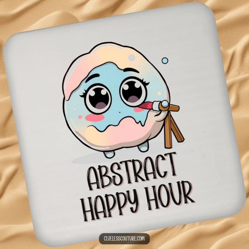Funny drink coaster with a paint blob with googly eyes hilariously trying to paint itself, bringing artistic humor.