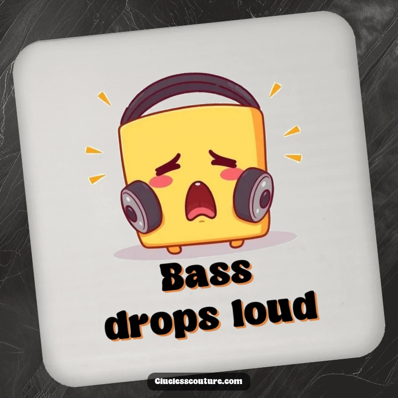 Funny drink coaster featuring a startled cheese block with headphones, its shocked face a humorous reaction to loud music, protecting surfaces.