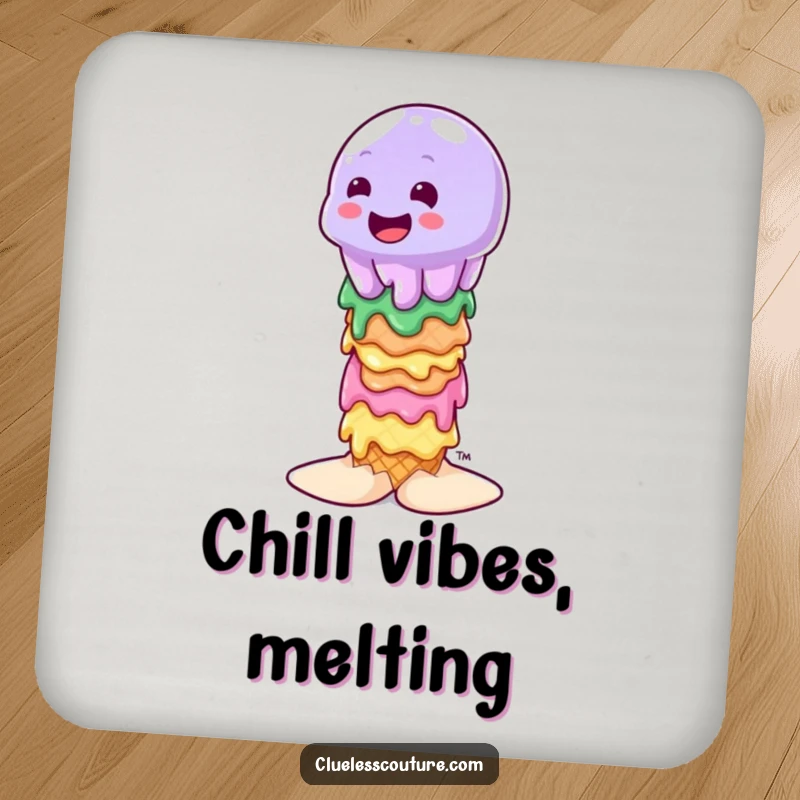 Funny wobbly jelly character attempting to balance on a stack of melting ice cream cones, printed on a protective drink coaster.